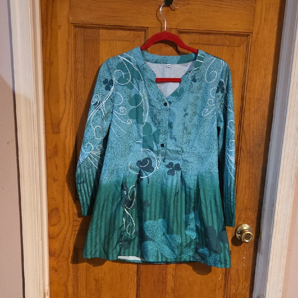 Teal and White Floral Blouse - Picture 1 of 5